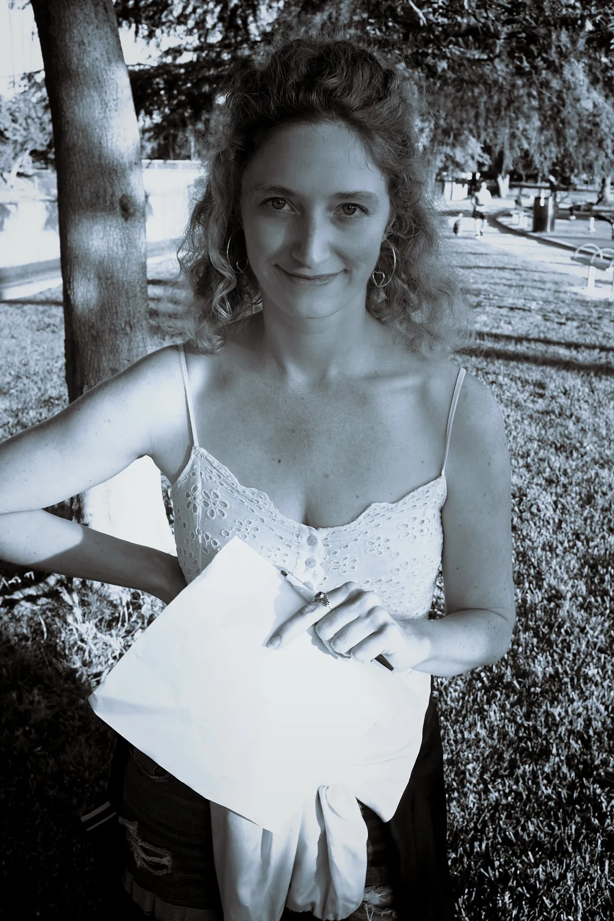 Black-and-white outdoor portrait